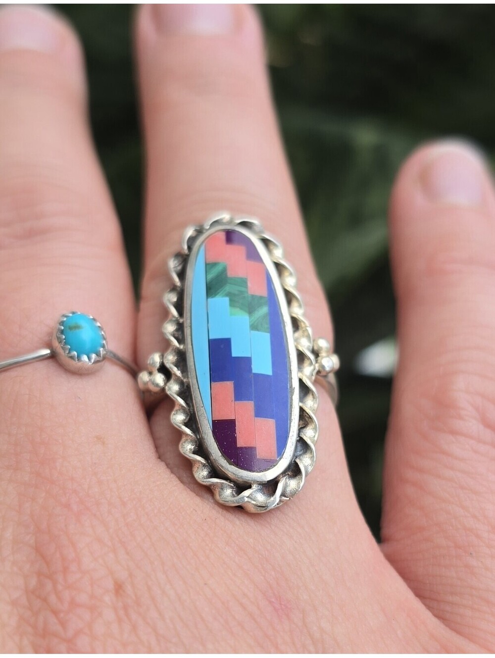 Native American zigzag stone Inlay Sterling silver Ring size 8